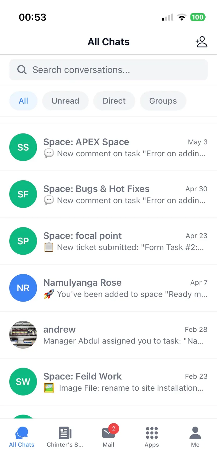 APEX ERP mobile app — All Chats