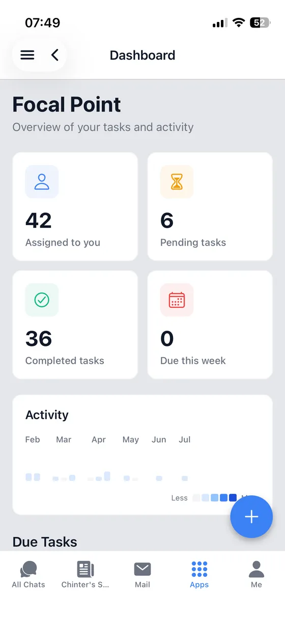 APEX ERP mobile app — Focal Point tasks dashboard