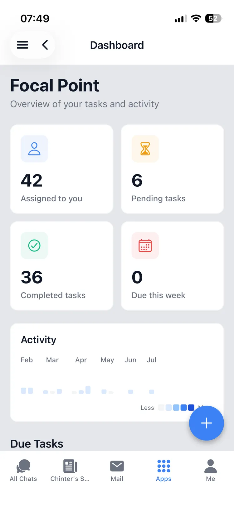 APEX ERP mobile app — Focal Point tasks dashboard